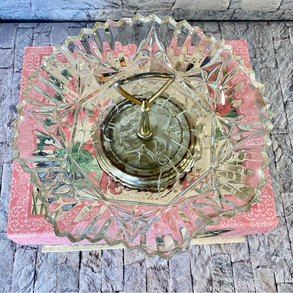 Glass Candy Dish Vtg Cut Glass Serving Dish Metal Handle Heavy Vintage Glassware - Picture 5 of 6